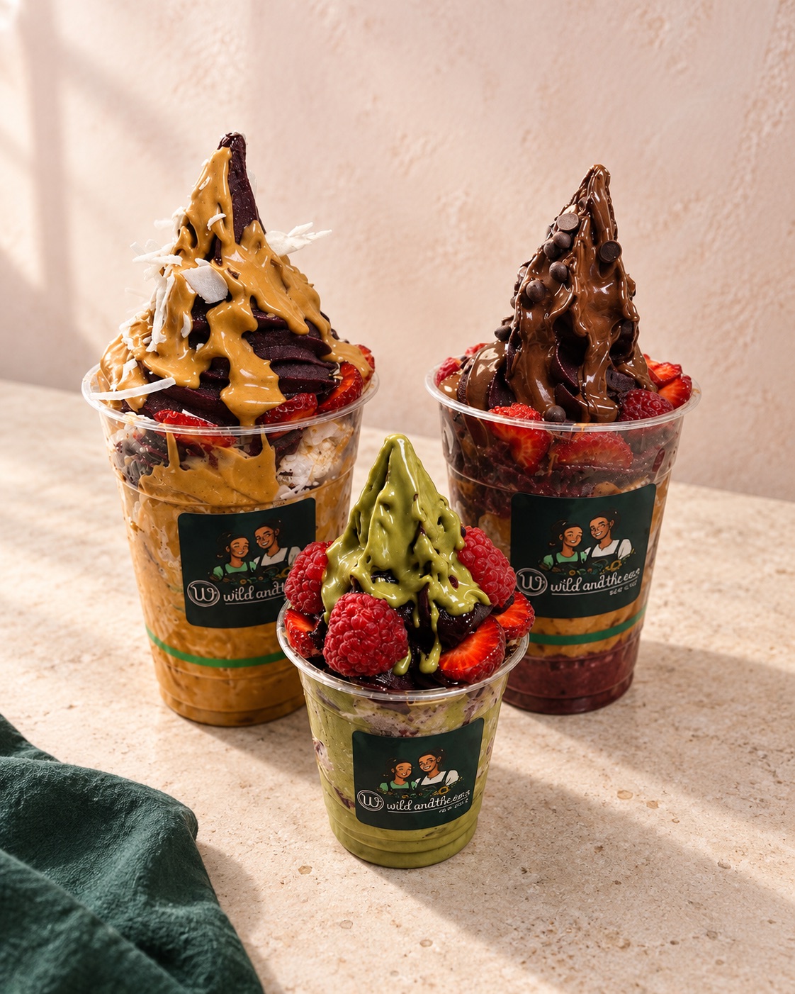 Three açaí cups ready to share at Wild and The Sun