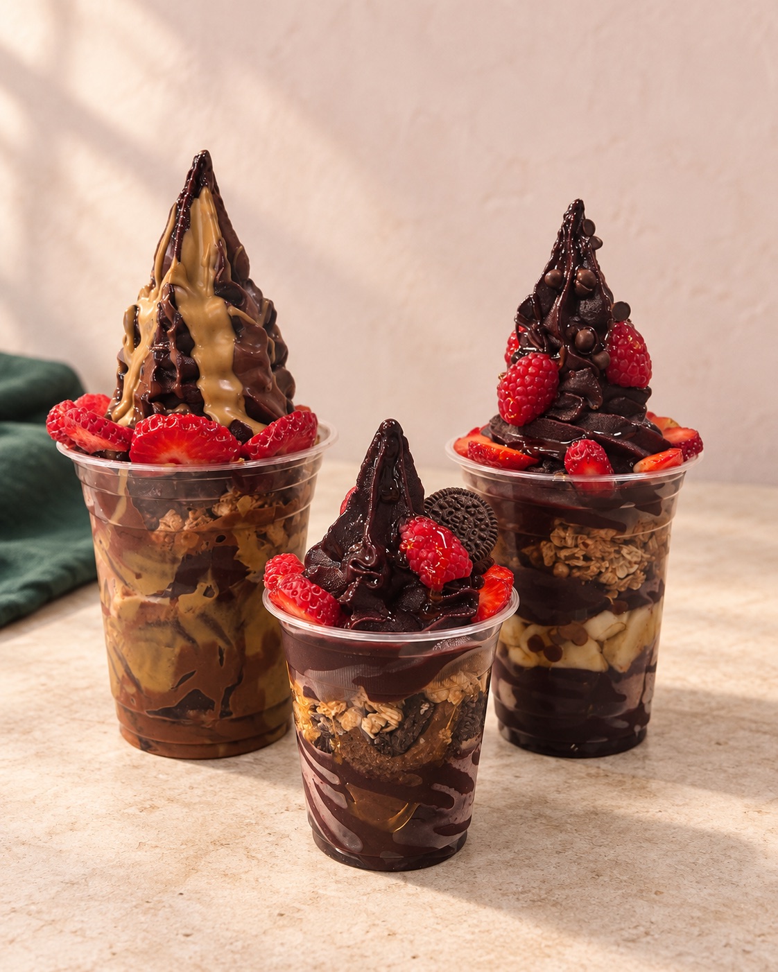 Layered açaí cups with strawberries, raspberries, granola and chocolate
