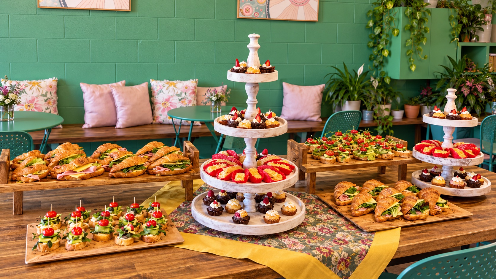 A celebration table of croissants, savouries and sweets set up inside the café