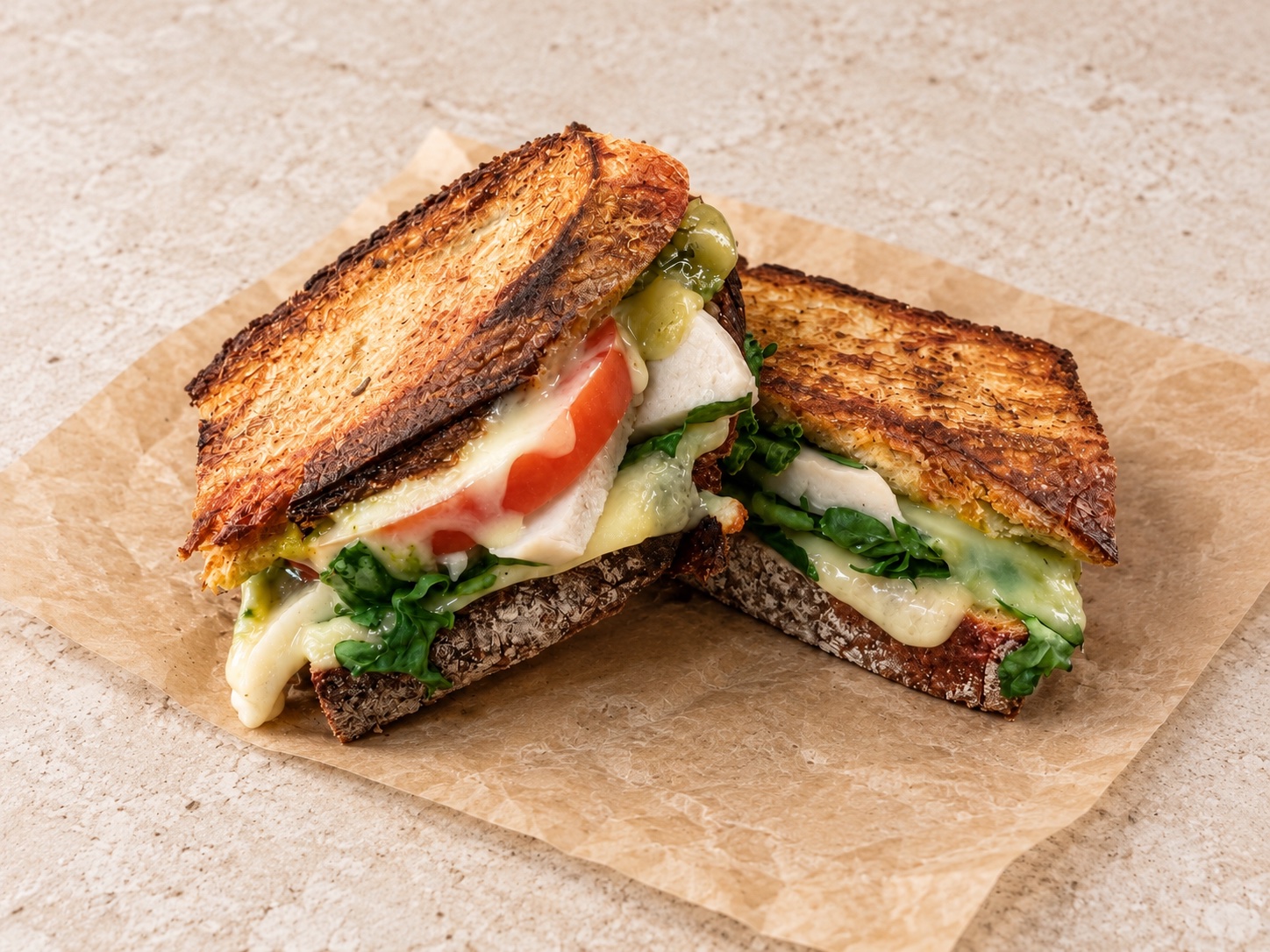 Toasted gourmet sandwich with cheese, tomato and greens